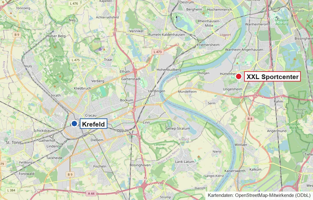 Karte mit Krefeld im Westen und dem XXL Sportcenter im Süden von Duisburg